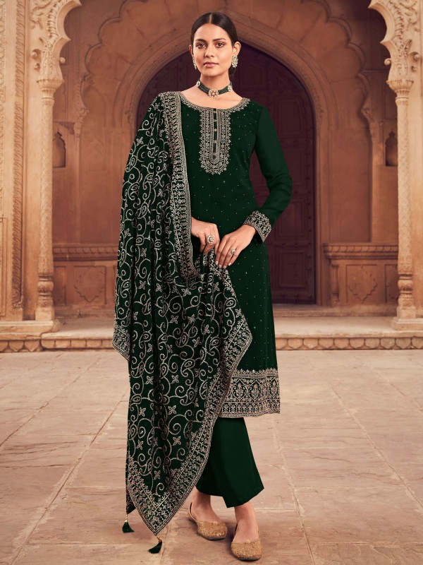 Dark Green Pure Georgette Sequins Embroidered Designer Salwar Kameez